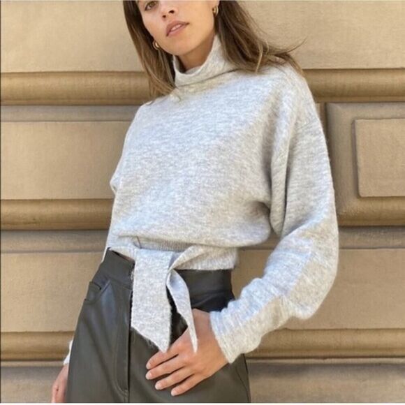 Aritzia Wilfred Lorin Italian Alpaca Sweater Tie Waist Funnel Neck Grey Size 2XS - Picture 1 of 13
